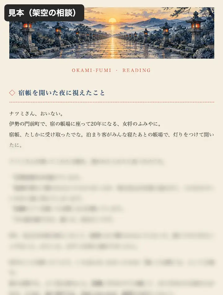 架空の相談で作った1ページ。下半分はぼかしてある。ナツミさん（架空）への見送り状の見本
